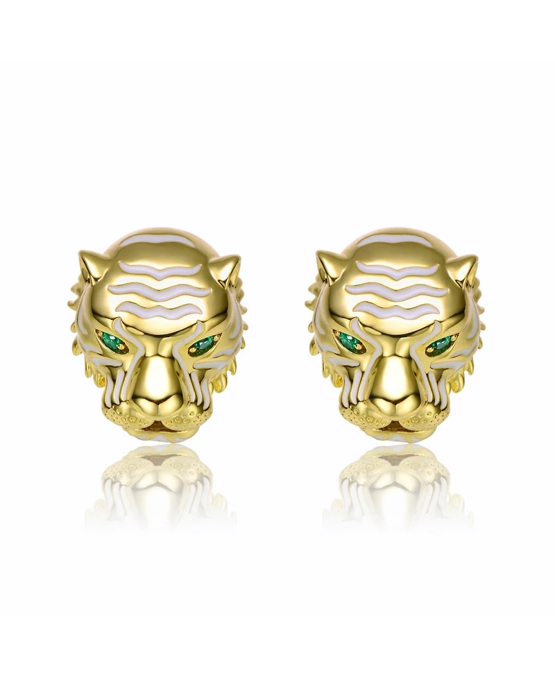 14k Yellow Gold Plated with Green Cubic Zirconia White Enamel Roaring Tiger Head 3D Stud Earrings