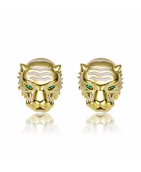 14k Yellow Gold Plated with Green Cubic Zirconia White Enamel Roaring Tiger Head 3D Stud Earrings