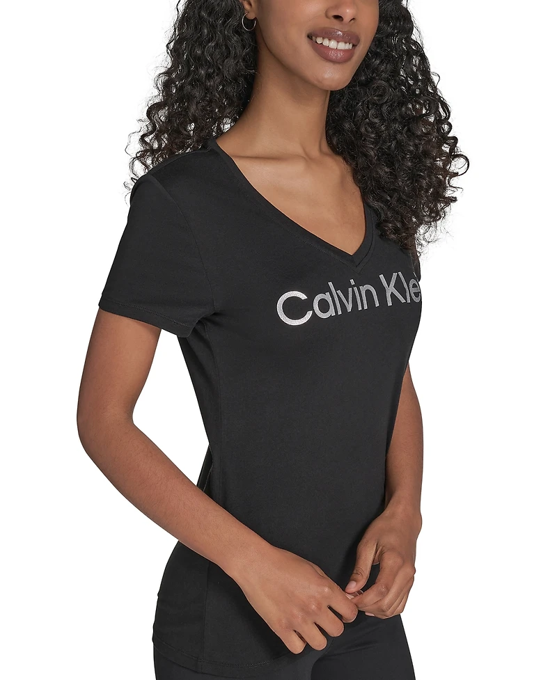 Calvin Klein Performance Women's Glitter Logo V-Neck T-Shirt