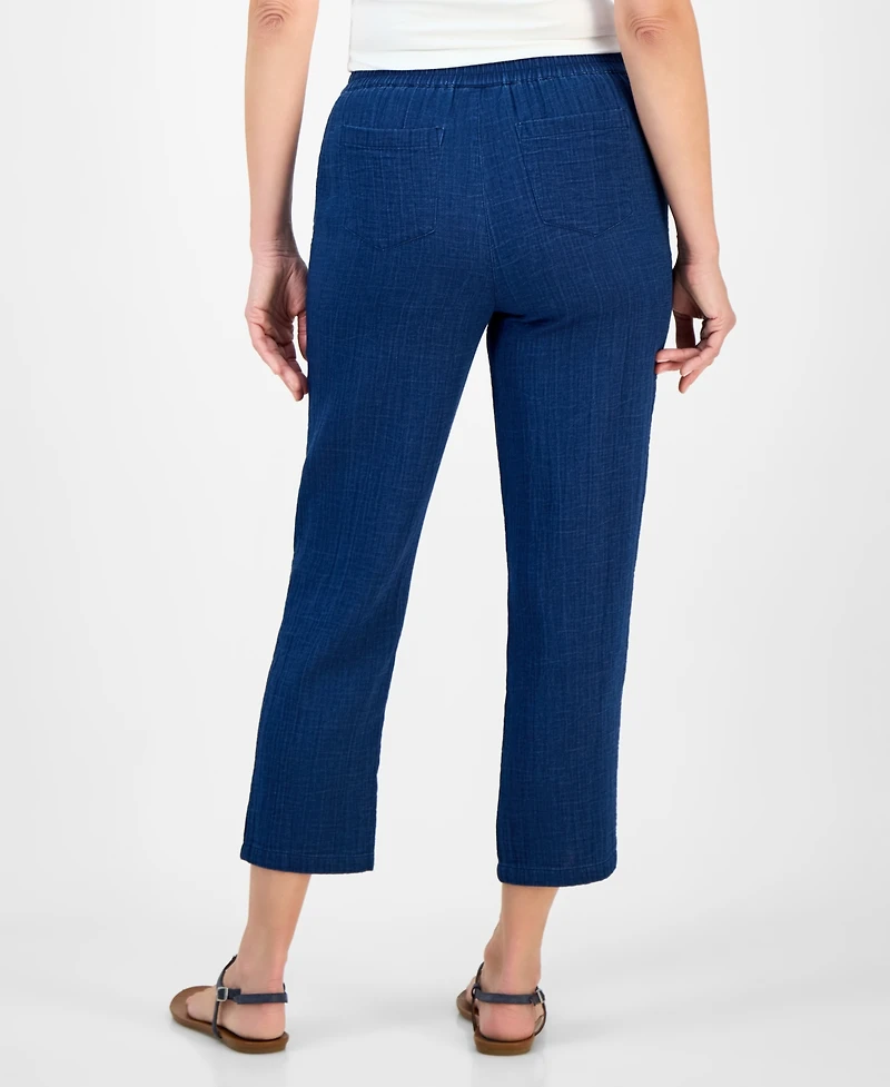 Style & Co Petite Cotton Indigo Gauze Mid-Rise Pull-On Pants, Exclusively at Macy's