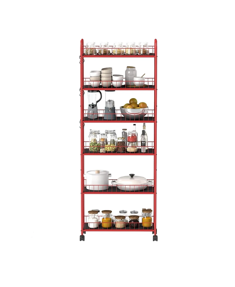 Red 6 Tier Slim Rolling Storage Cart, Mobile Shelving Unit with Wheels, Metal Wire Storage Shelving Rack with Baskets for Kitchen Bathroom Office Laun