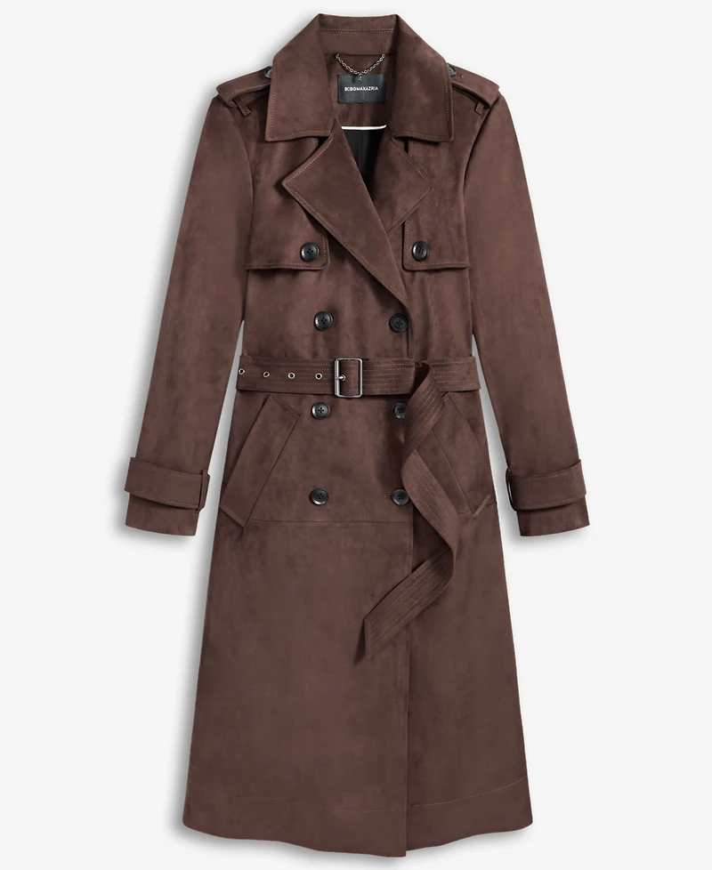 Bcbgmaxazria Women's Double Breasted Faux Suede Belted Trench Coat