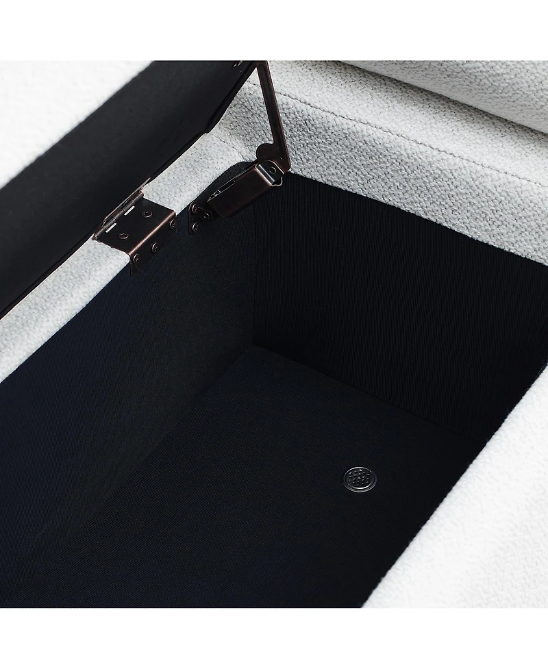 White linen upholstered bench with iron legs