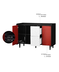 Sideboard Buffet Cabinet, Black Storage Cabinet with Red Doors, 2 Drawers with unique panel styling and 2 Open Storage Compartment, Modern Coffee Bar
