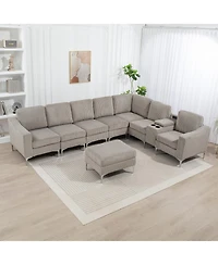 Corduroy Convertible Sectional Sofa with Ottoman, Gray