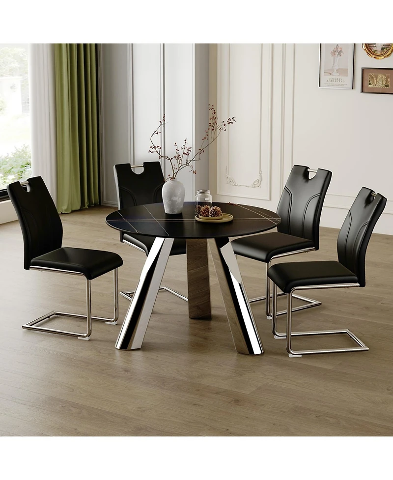 Streamdale Round Table and 4 Black Chairs with Silver Metal Legs, Sintered Stone Tabletop