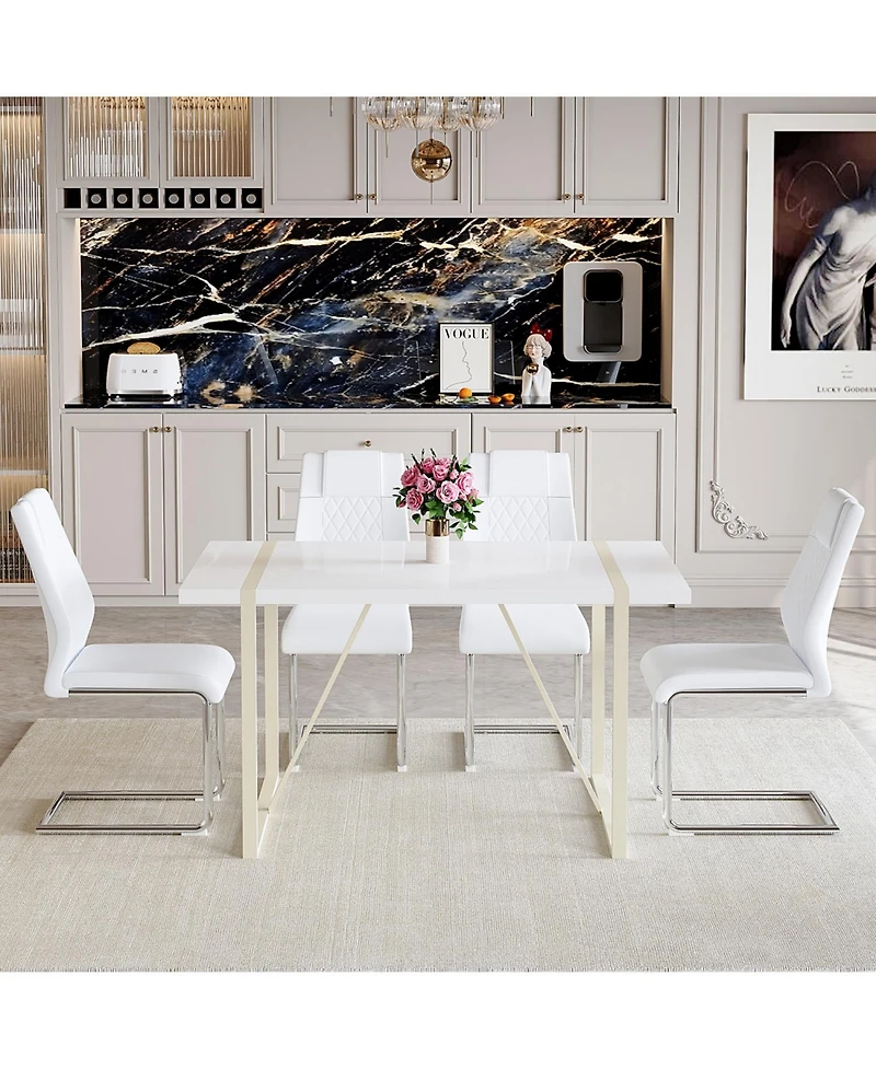 Streamdale Cream-Style Dining Table Set for 4 with Silver Metal Legs, 55"x31.4