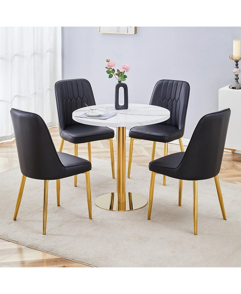 Streamdale Marble Pattern Round Dining Table and Black Pu Chairs (4)