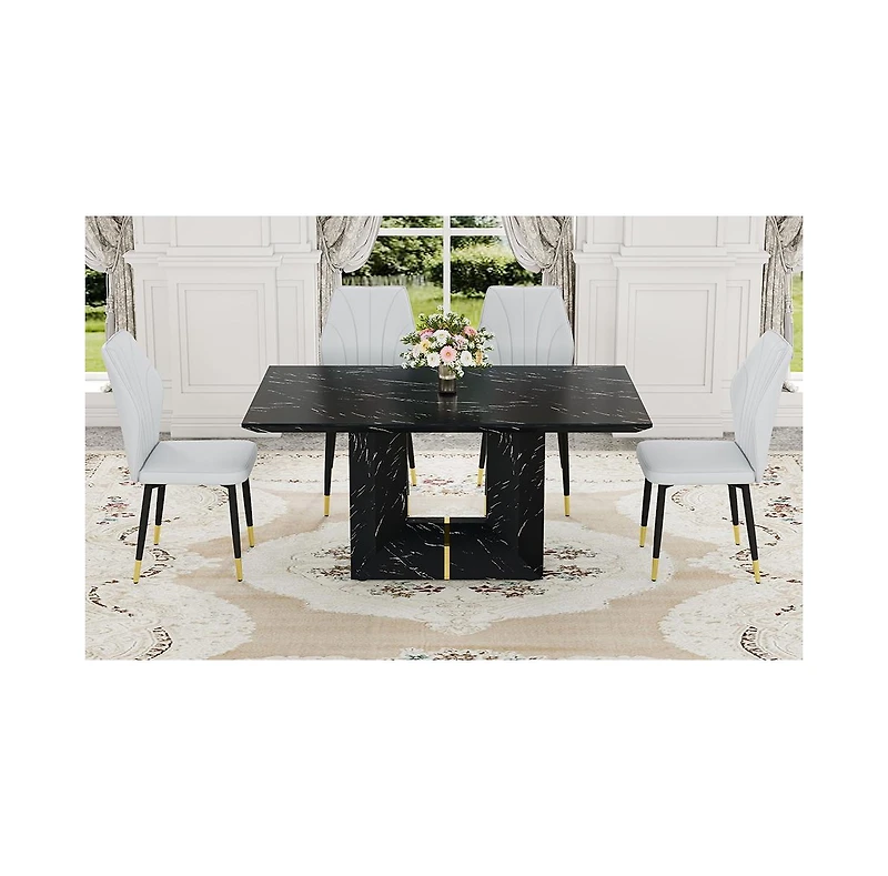 Streamdale Black Marble Mdf Dining Set with Light Gray Pu Chairs