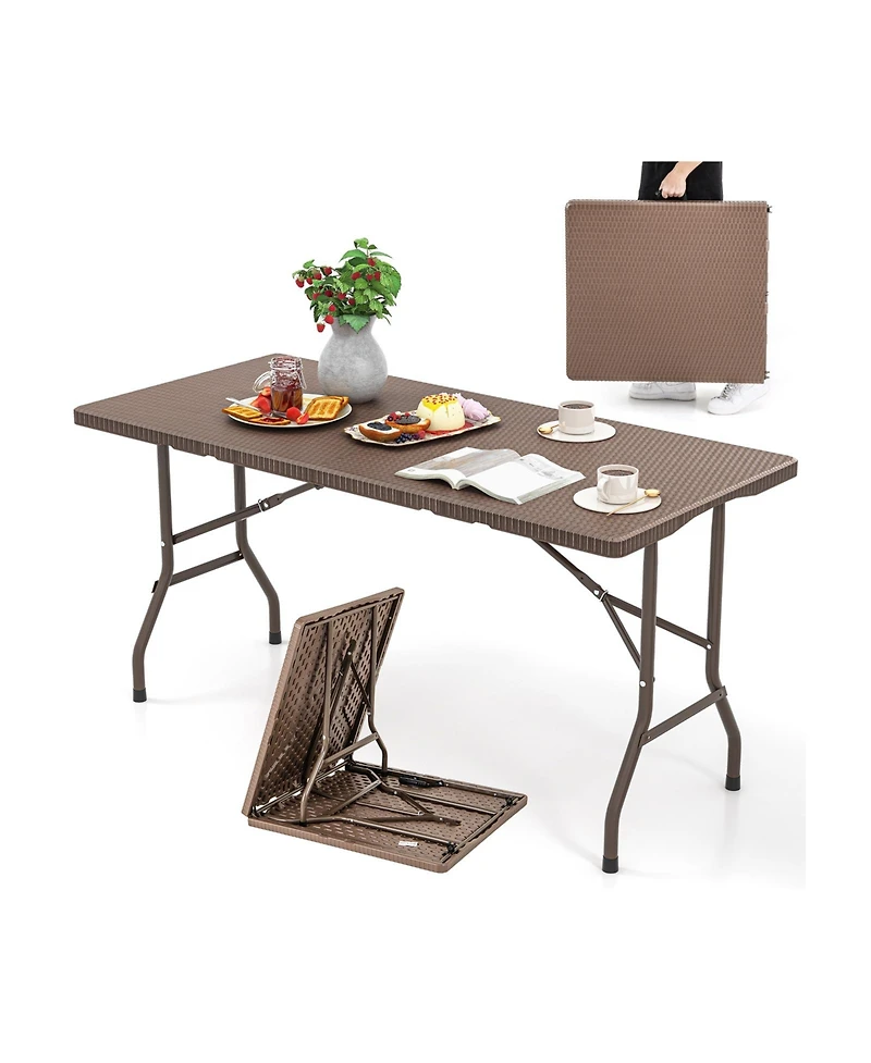 5FT Folding Picnic Table with Rattan Grain Hdpe Tabletop and Sturdy Metal Fame