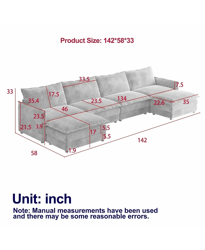 Streamdale Corduroy 4-Seater Cloud Couch with Footrests & Cushions