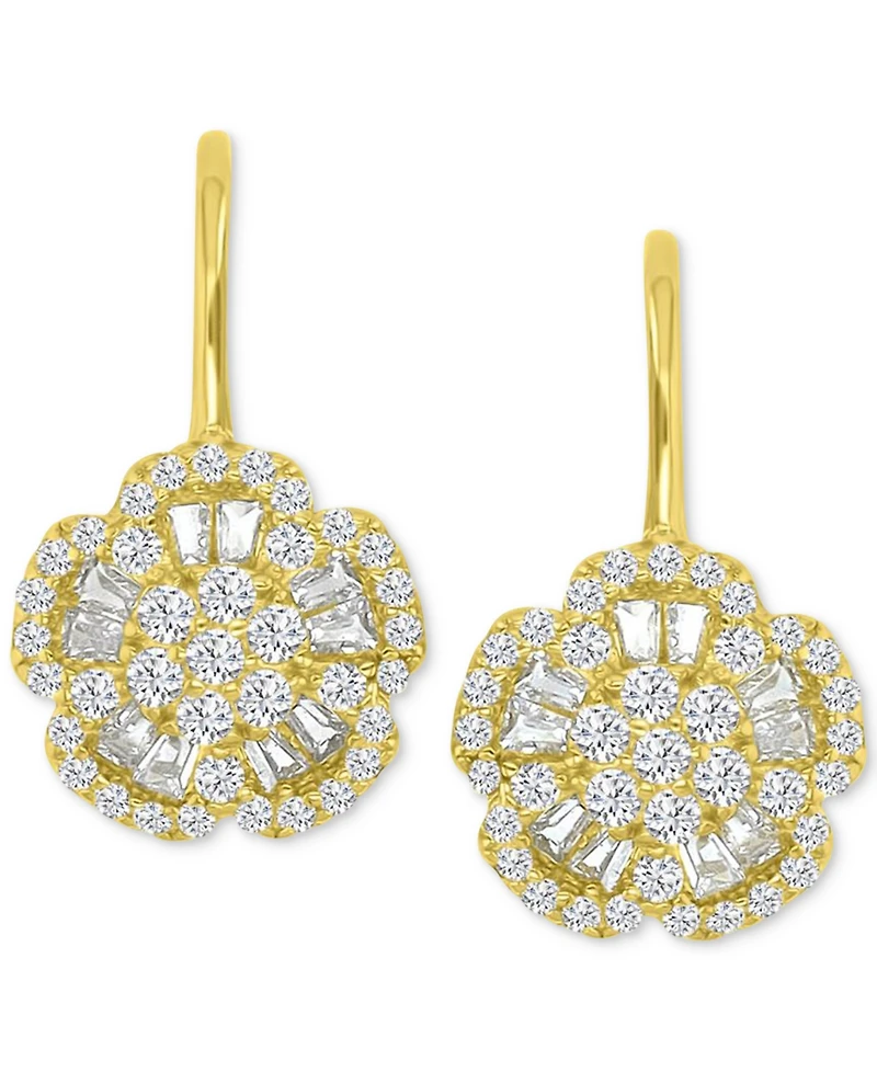 Cubic Zirconia Round & Baguette Flower Motif Leverback Drop Earrings
