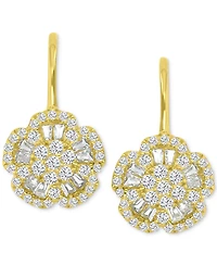 Cubic Zirconia Round & Baguette Flower Motif Leverback Drop Earrings