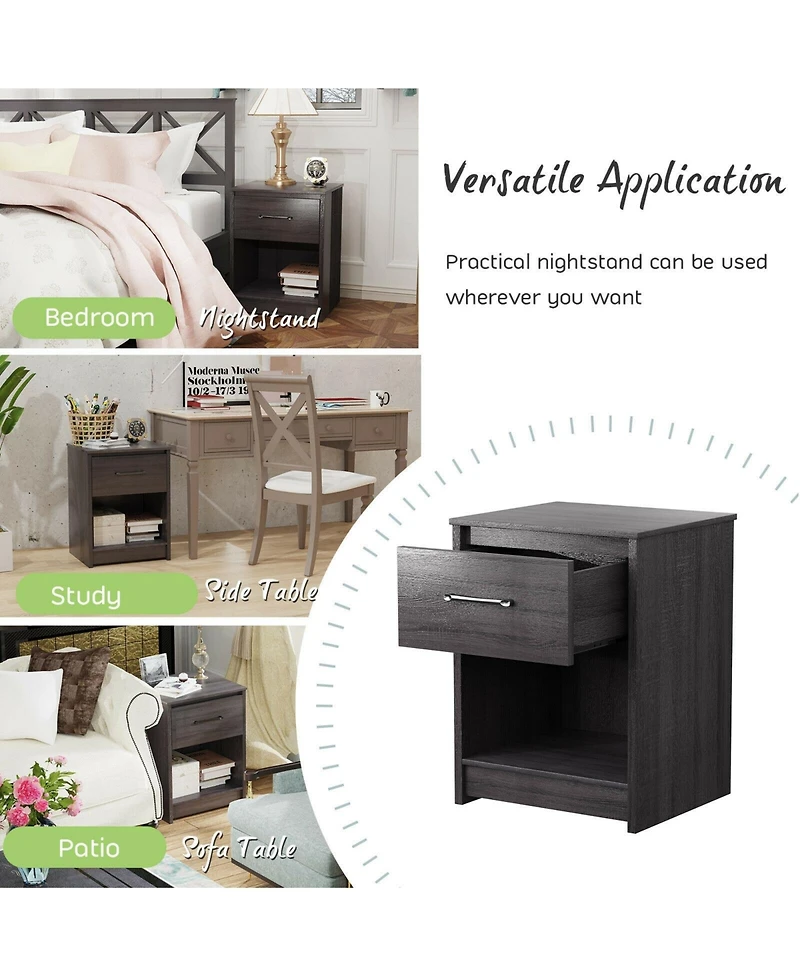 Wooden Nightstand with Drawer and Open Storage Compartment