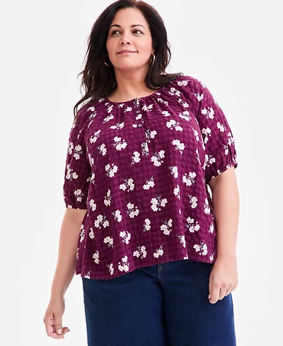 Style & Co Plus Floral-Print Puff-Sleeve Top