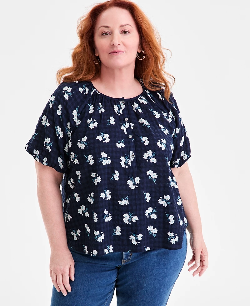 Style & Co Plus Floral-Print Puff-Sleeve Top