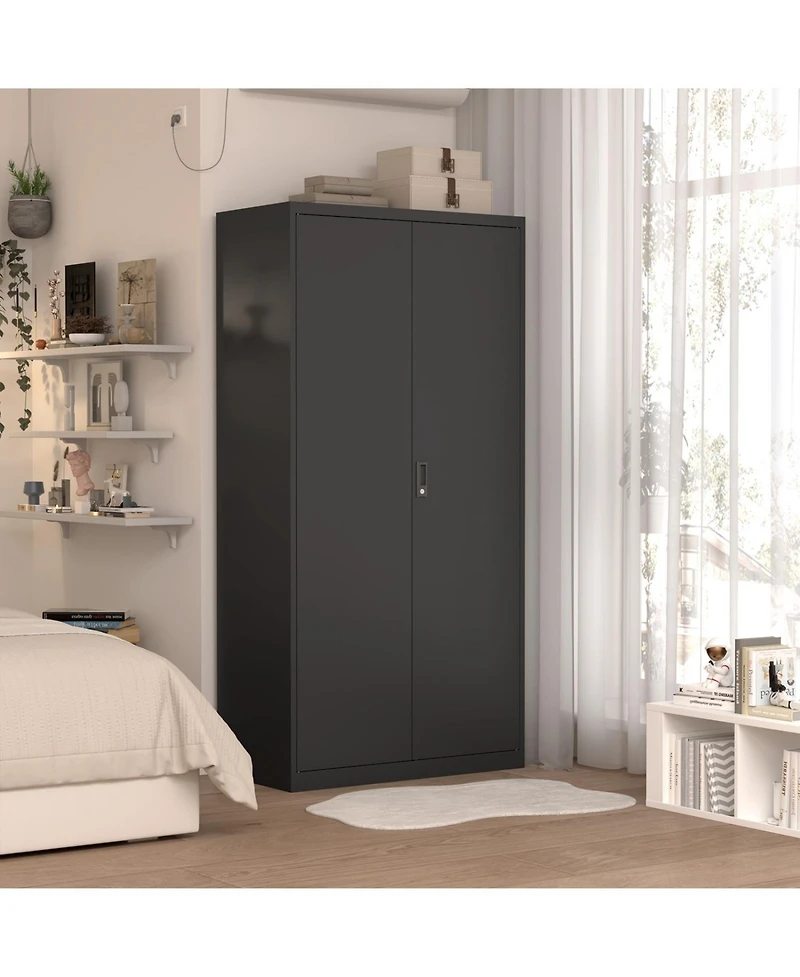 Streamdale Black Metal Wardrobe Cabinet with Lockable Doors, Adjustable Shelves, and Hanging Rod