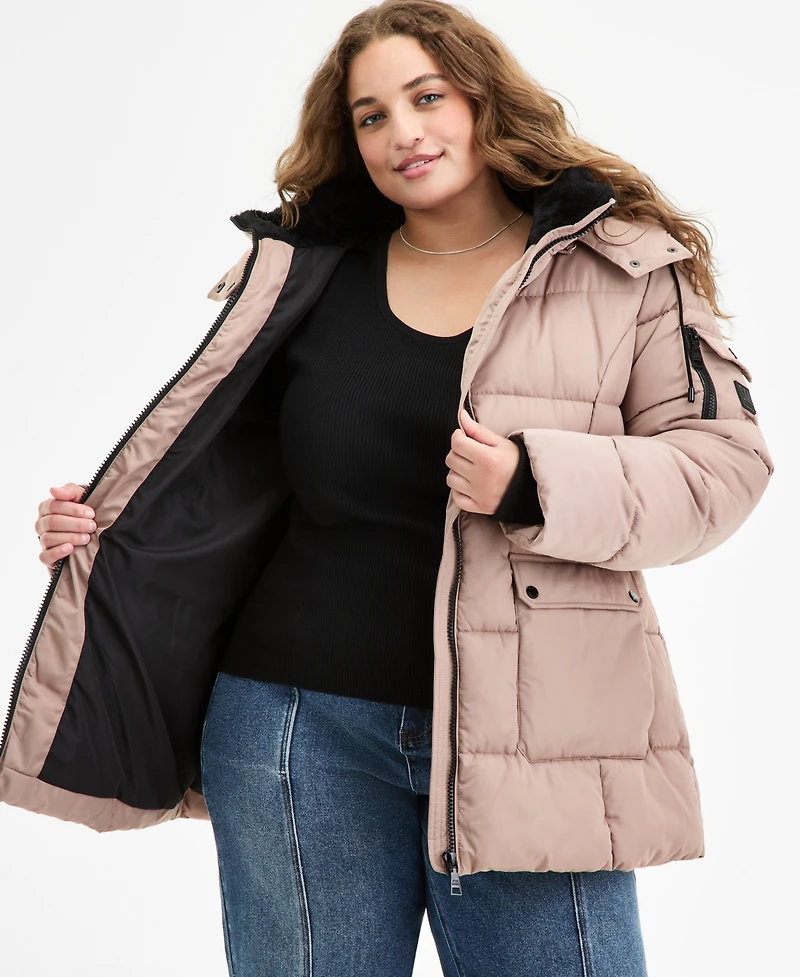 Steve Madden Plus Size Hooded Utility-Pocket Puffer Coat