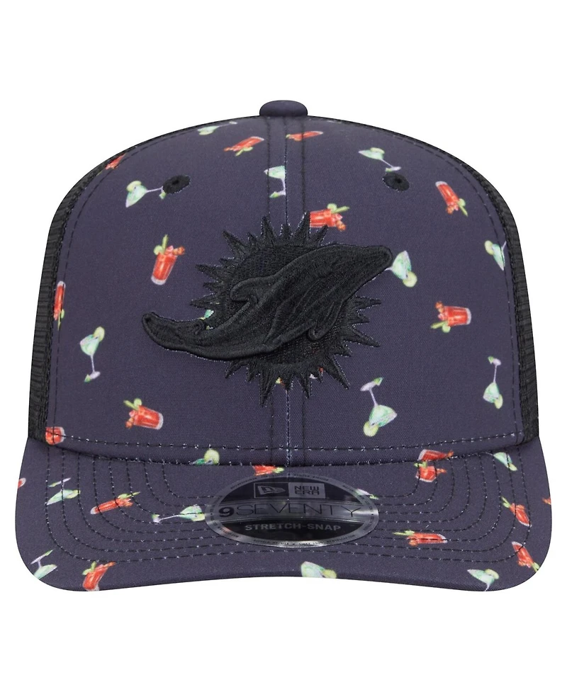 New Era Men's Navy/Black Miami Dolphins Adventure Drinks Pattern 9SEVENTY Stretch Snap Hat