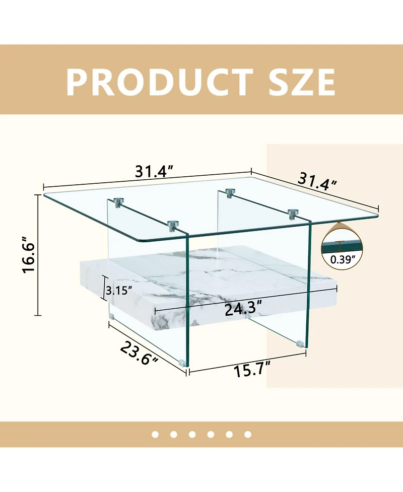 Streamdale Modern Two-Tier Coffee Table Clear Glass and Marble