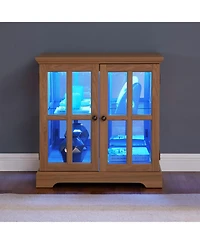 Streamdale Antique Led Curio Display Cabinet, Adjustable Shelves, Lattice Doors, Oak Showcase