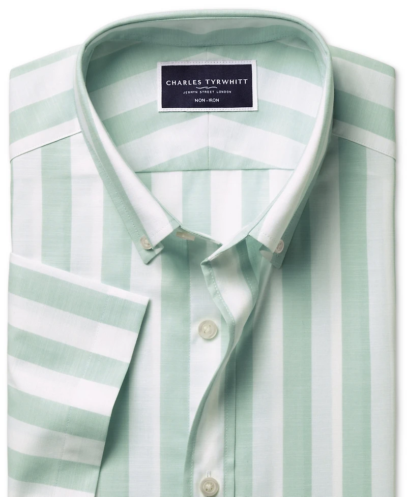 Charles Tyrwhitt Men's Slim Fit Short Sleeve Wrinkle-Resistant Striped Button-Down Shirt