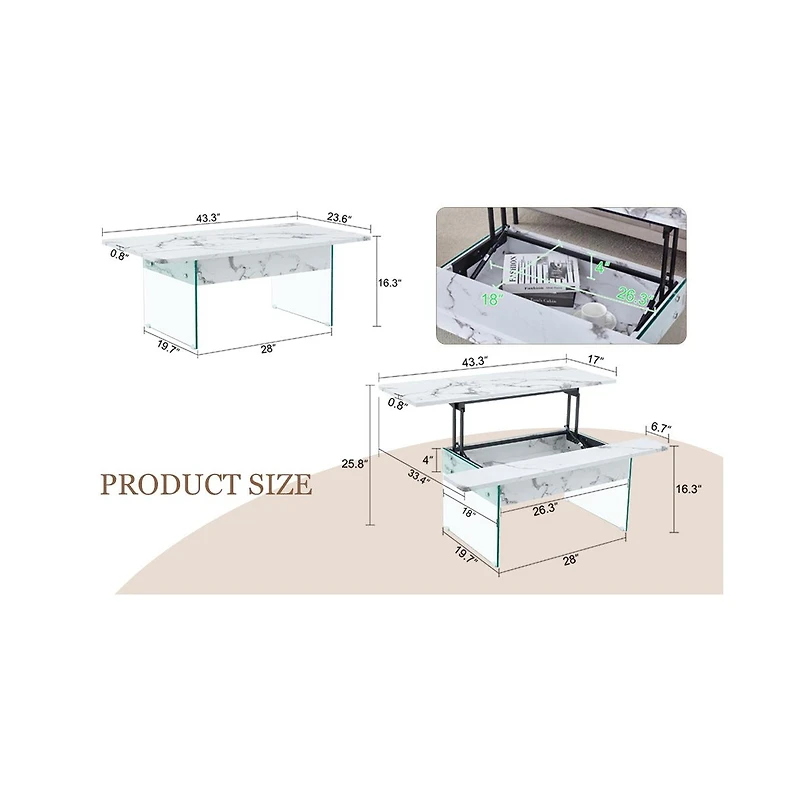 Streamdale Multifunctional Lift Top Coffee Table with Modern Marble Pattern and Tempered Glass Legs