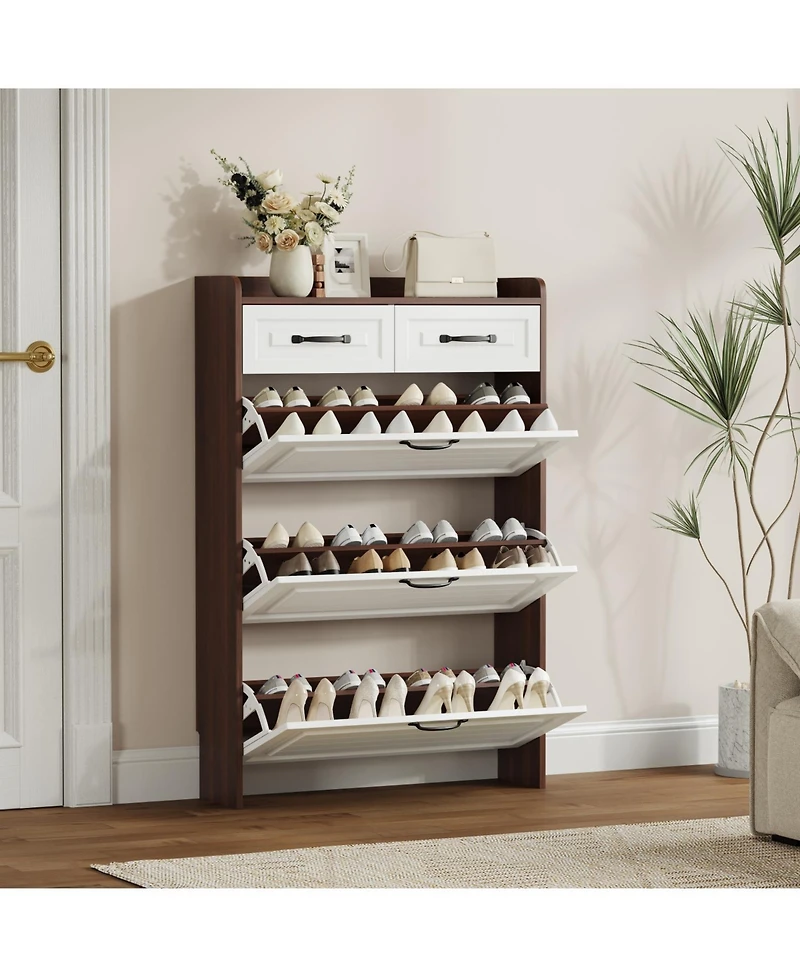 Streamdale 1250 walnut colored shoe cabinet, 3 doors and 2 drawers, Pvc door design, large storage space