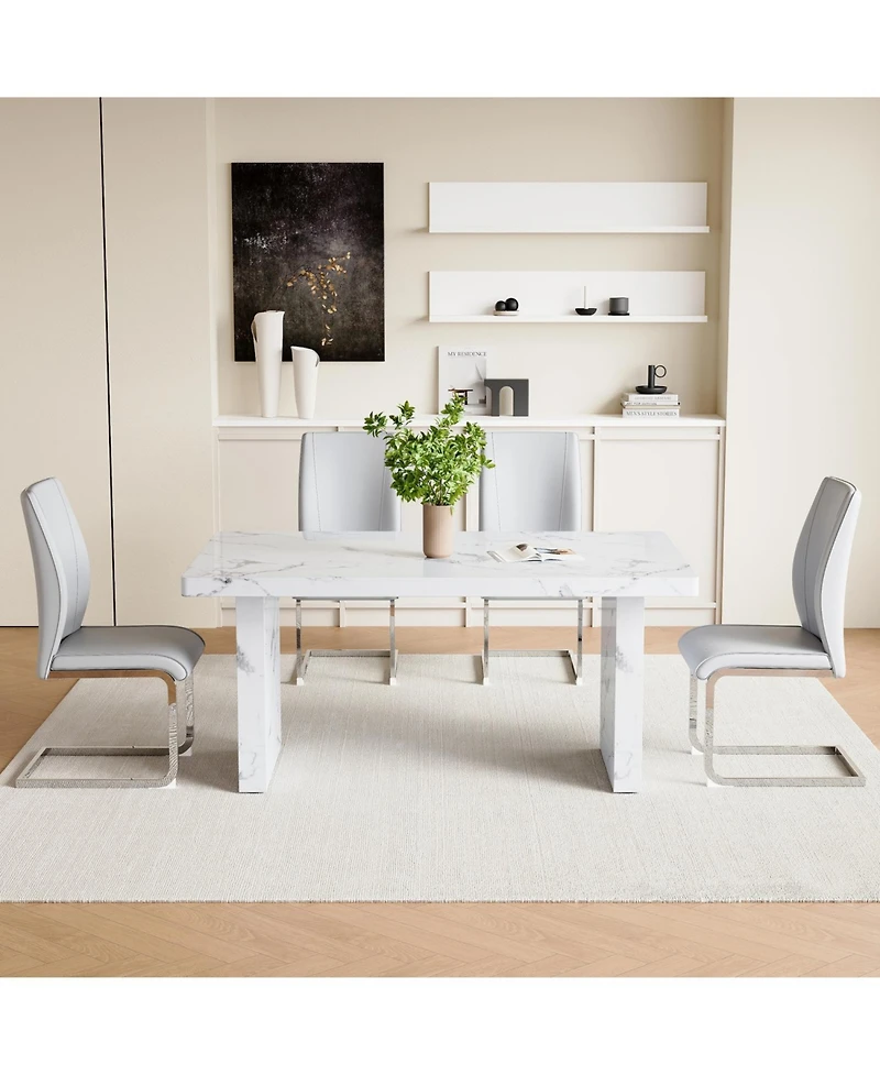 White Marble Table & Gray Pu Chairs - 4 Seat Dining Set