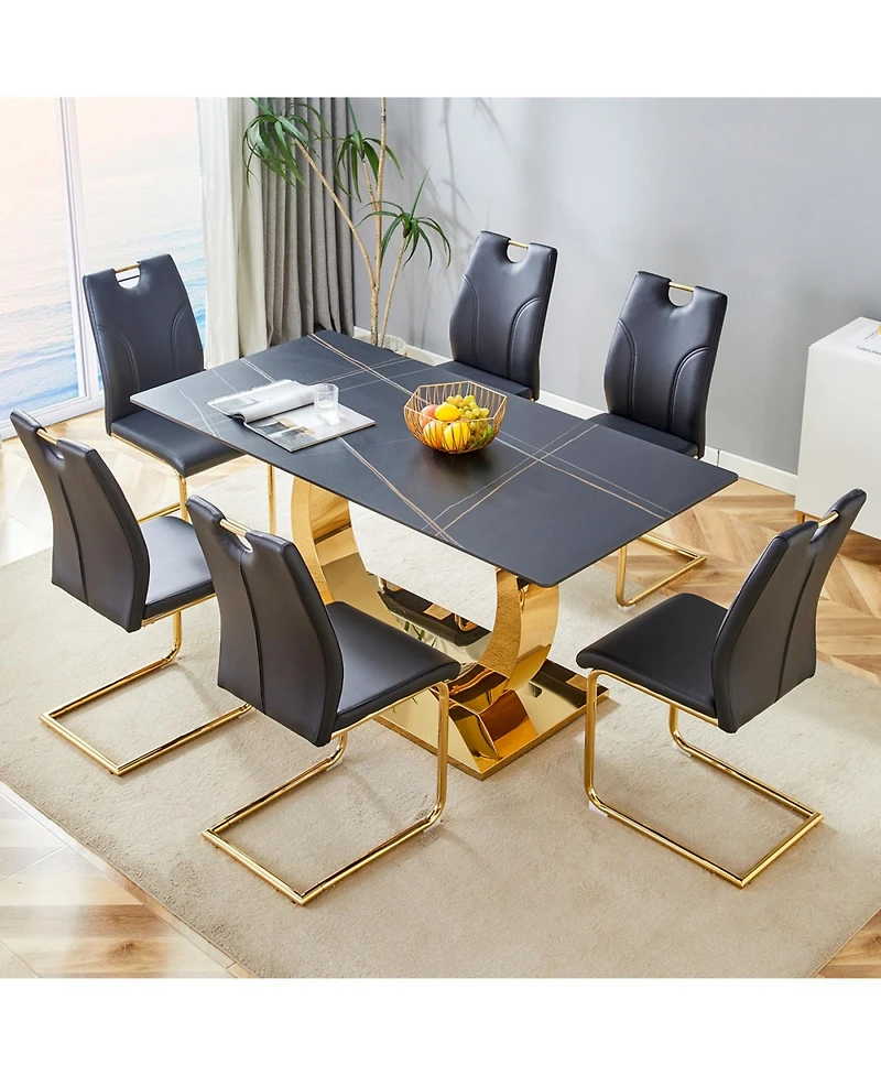 Streamdale Sintered Stone Dining Set 6 Chairs, Golden Legs, Black Texture