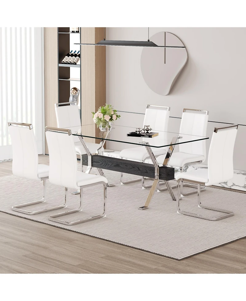 Streamdale Elegant Glass Dining Set with 6 White Pu Chairs