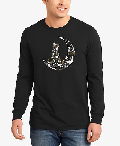 La Pop Art Men's Cat Sitting On Moon Word Long Sleeve T-Shirt