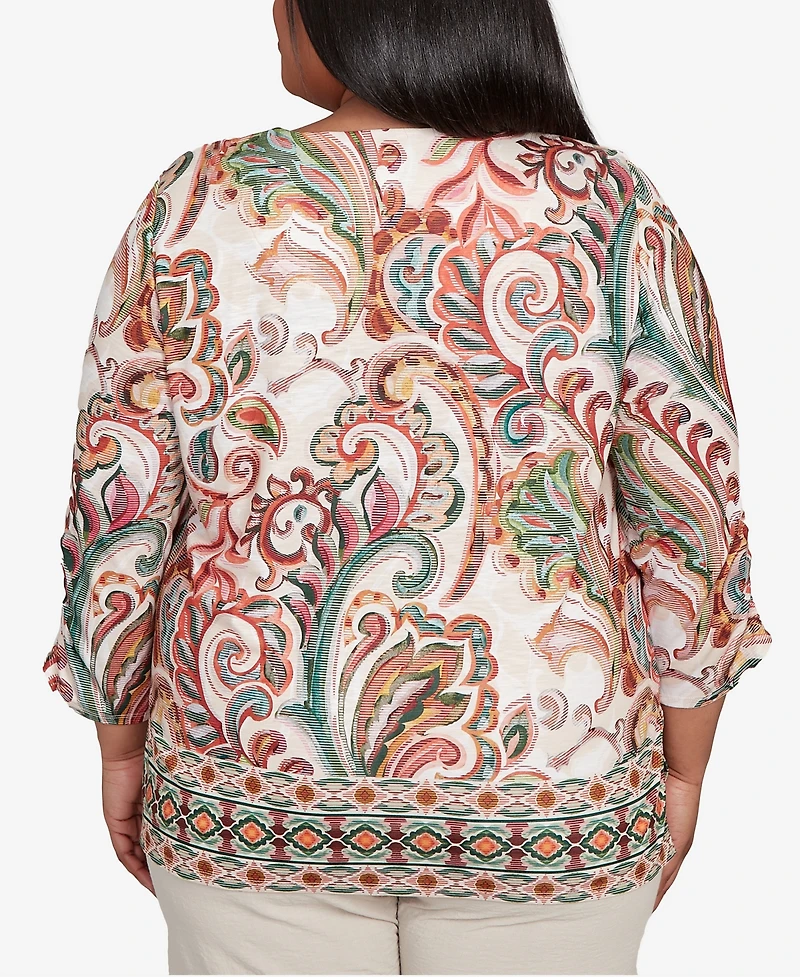 Alfred Dunner Plus Copper Canyon Textured Scroll Border Ruched Sleeves Top