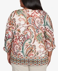 Alfred Dunner Plus Copper Canyon Textured Scroll Border Ruched Sleeves Top