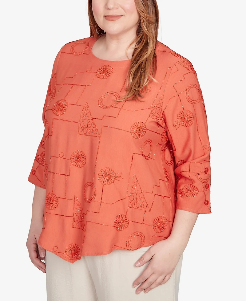 Alfred Dunner Plus Copper Canyon Metallic Embroidered Geometric Top