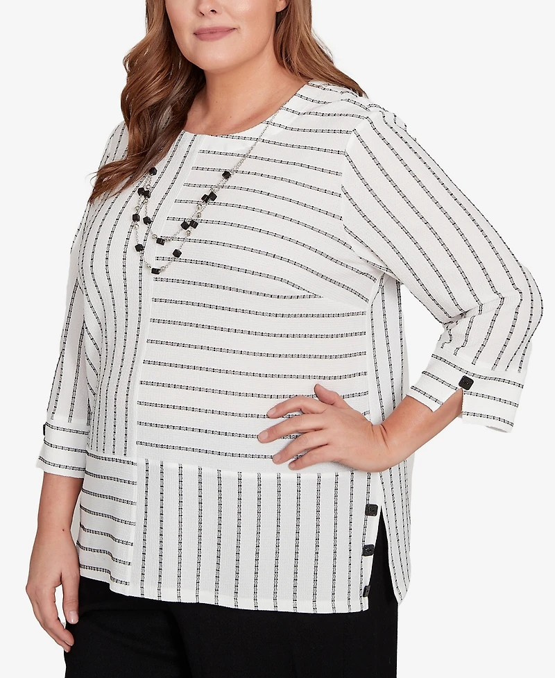 Alfred Dunner Plus Size Santa Barbara Splice Textured Stripe Top with Necklace