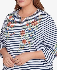 Alfred Dunner Plus El Paso Floral Stripe Ruched Sides Top
