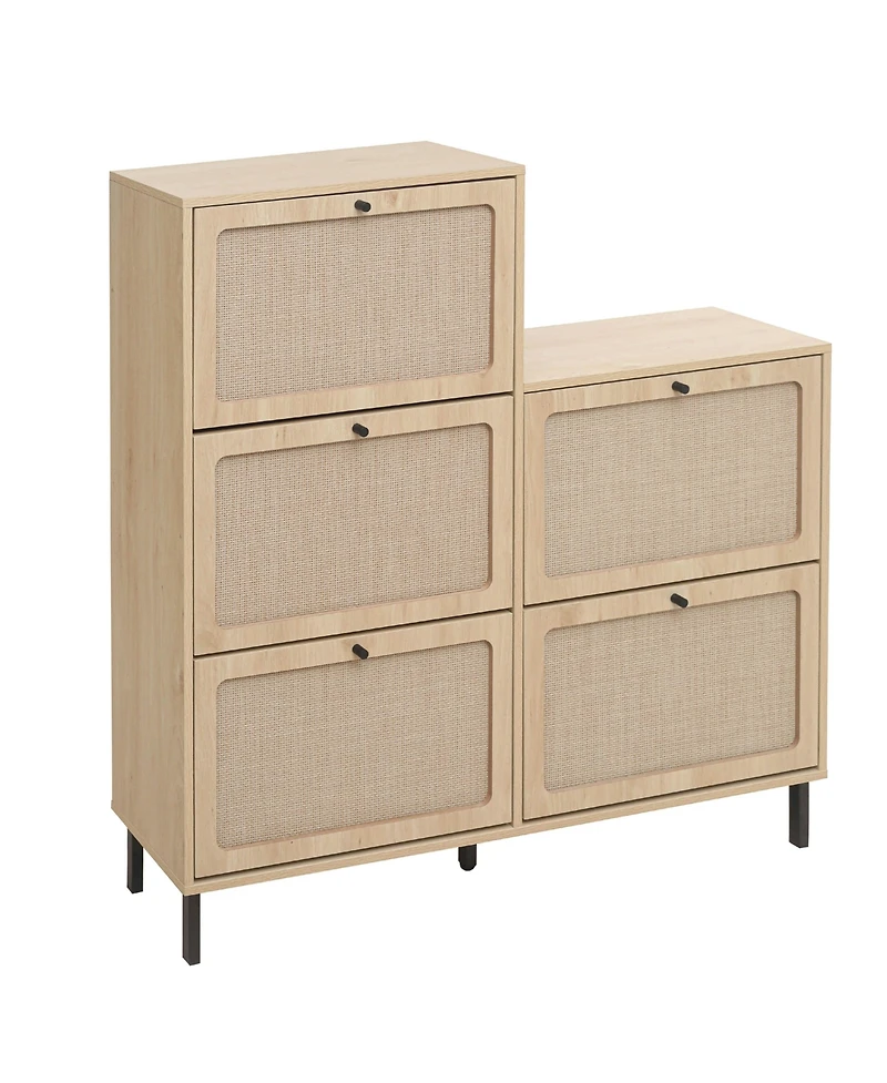 Rattan 5 Door Shoe Rack, Freestanding Modern Shoe Storage Cabinet, for Entryway