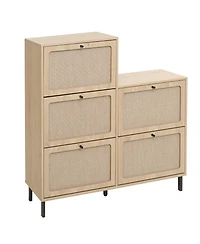 Rattan 5 Door Shoe Rack, Freestanding Modern Shoe Storage Cabinet, for Entryway