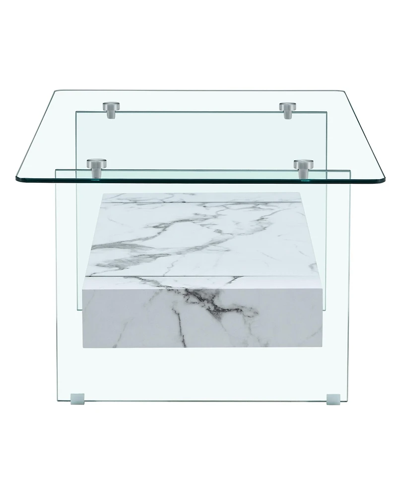 Streamdale 43" Modern Two-Tier Coffee Table Clear Glass, White Marble Texture