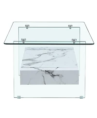 Streamdale 43" Modern Two-Tier Coffee Table Clear Glass, White Marble Texture