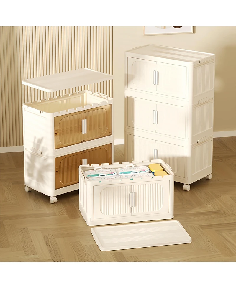 Streamdale 19.69" Cream White Folding Storage Cabinet with Wheels and Magnetic Door