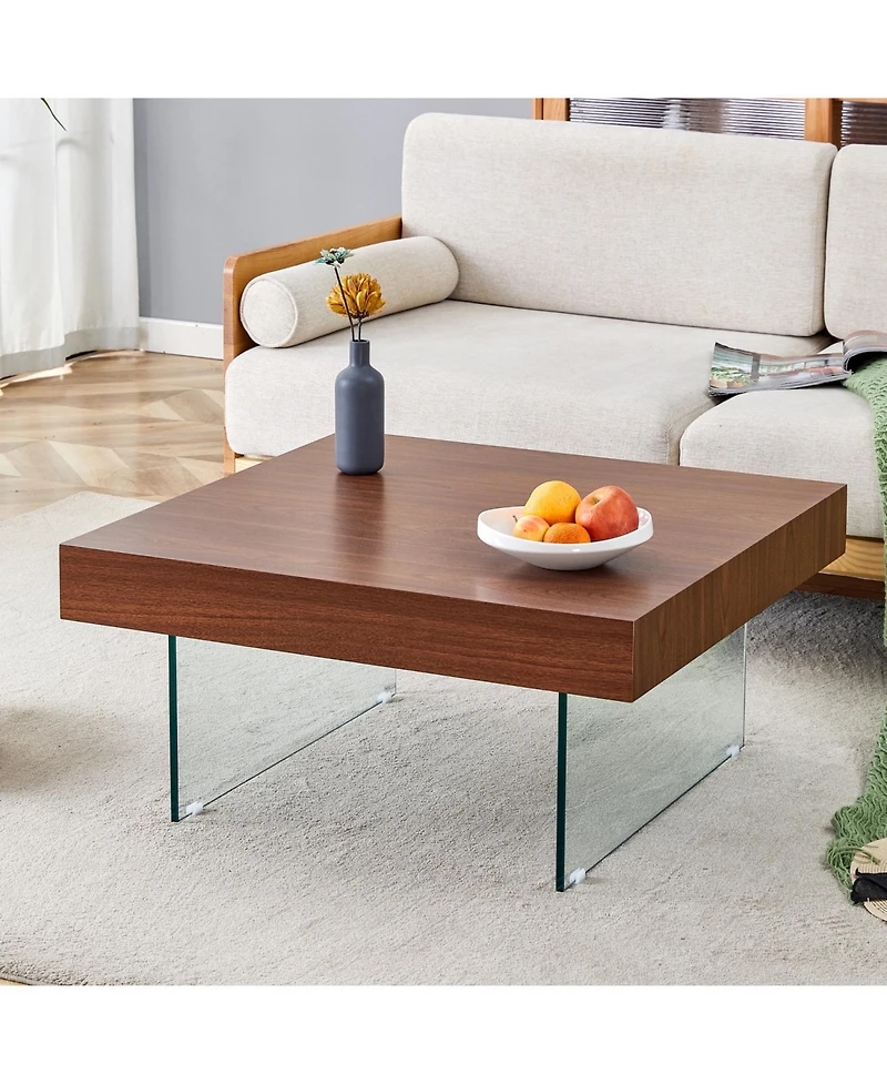 Streamdale Walnut Square Coffee Table with Tempered Glass Legs (31.5"x31.5")