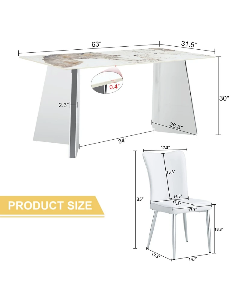 Pandora Patterned Sintered Stone Table with Stainless Steel Legs and 4 Pu Chairs