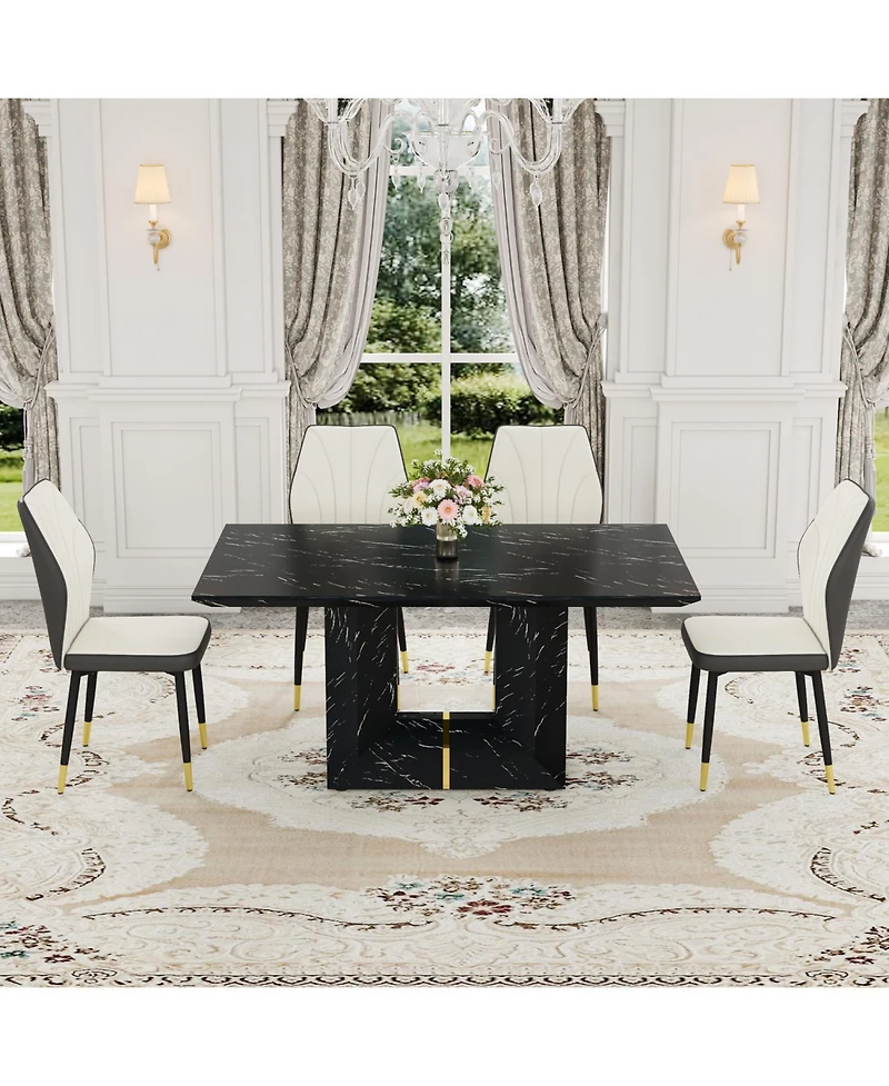 Streamdale Black Marble Dining Set with White & Gray Pu Chairs