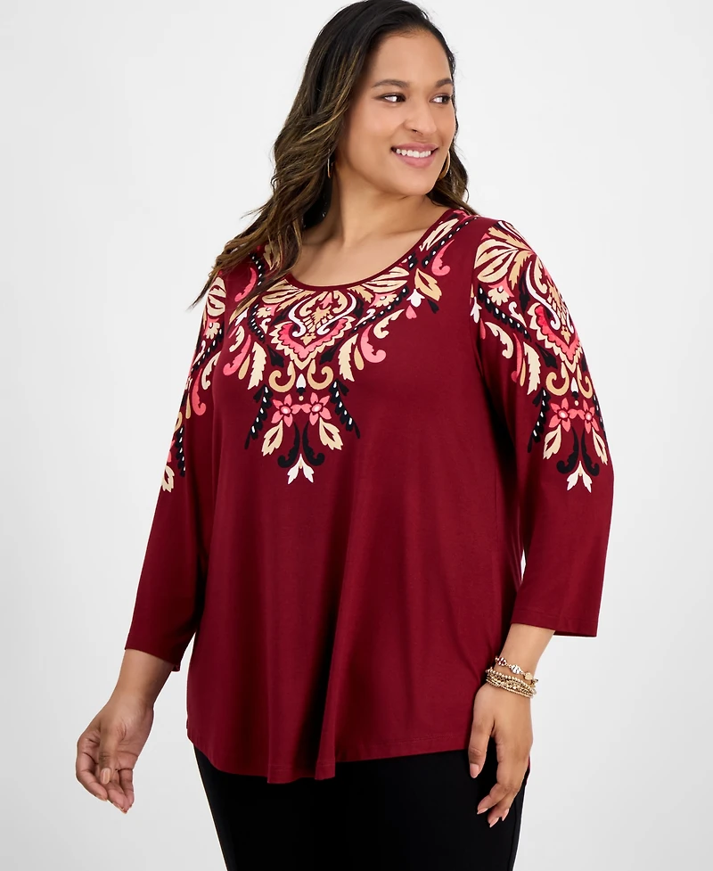 Jm Collection Plus Printed Scoop-Neck 3/4-Sleeve Top, Exclusively at Macy's