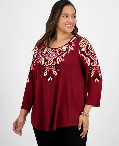Jm Collection Plus Printed Scoop-Neck 3/4-Sleeve Top, Exclusively at Macy's