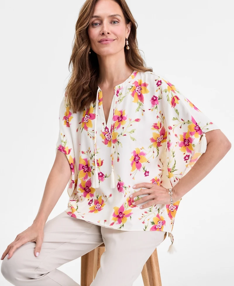 Jm Collection Women's Printed Tassel-Trim Poncho Top, Exclusively at Macy's