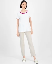 Jm Collection Women's Cotton Beaded-Neck T-Shirt, Exclusively at Macy's