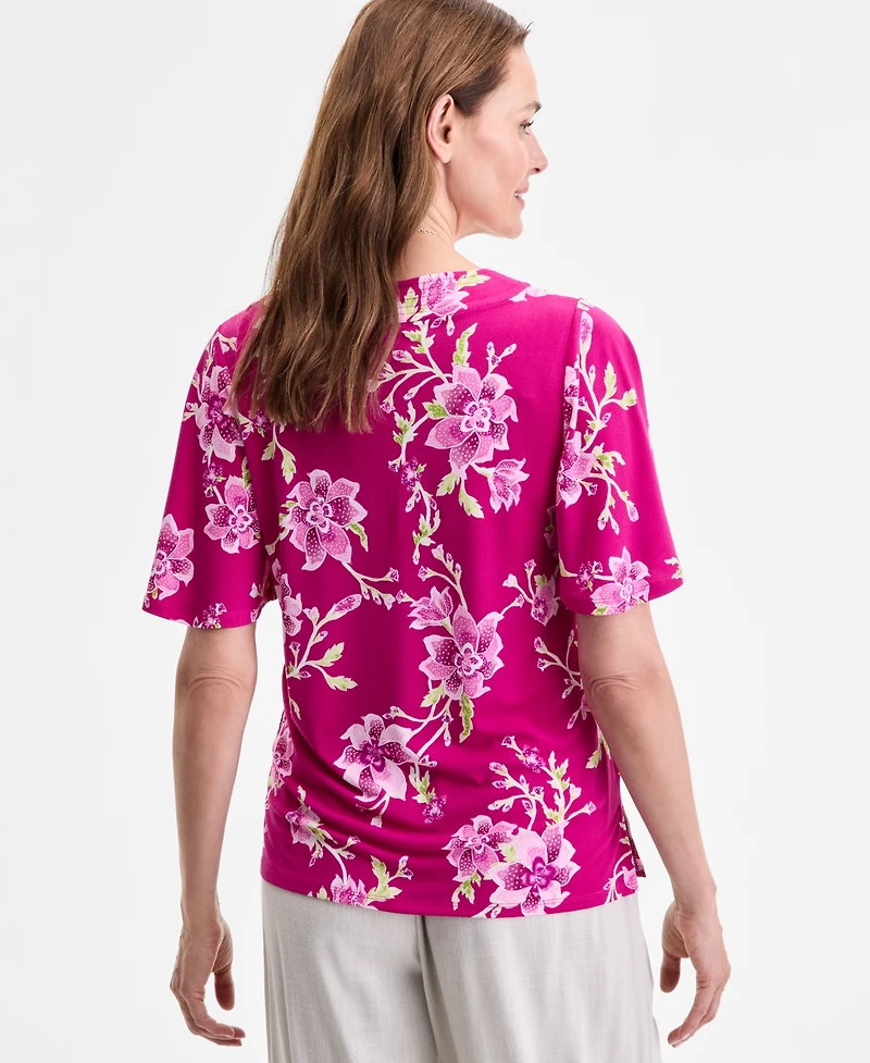 Jm Collection Women's Printed V-Neck Short Sleeve Knit Top, Exclusively at Macy's